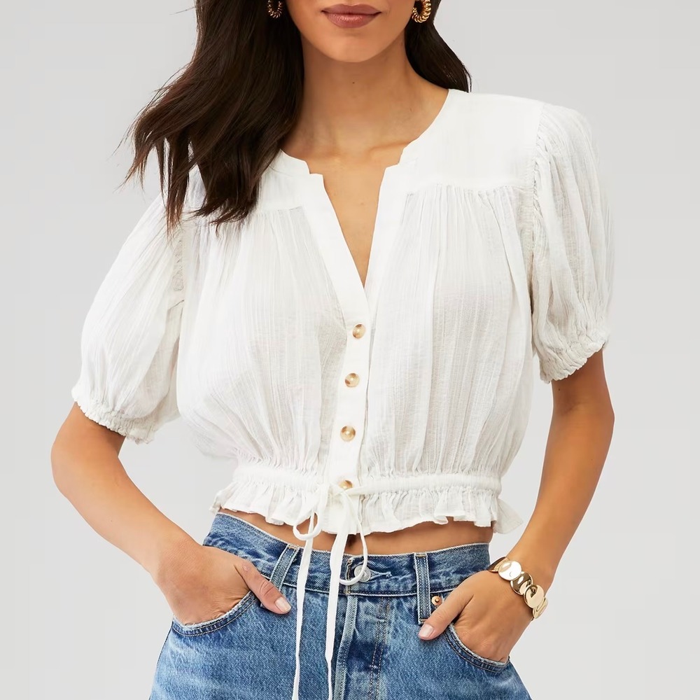 Free People Little Cloud Cropped Pintuck Shirt, Ivory Sz S